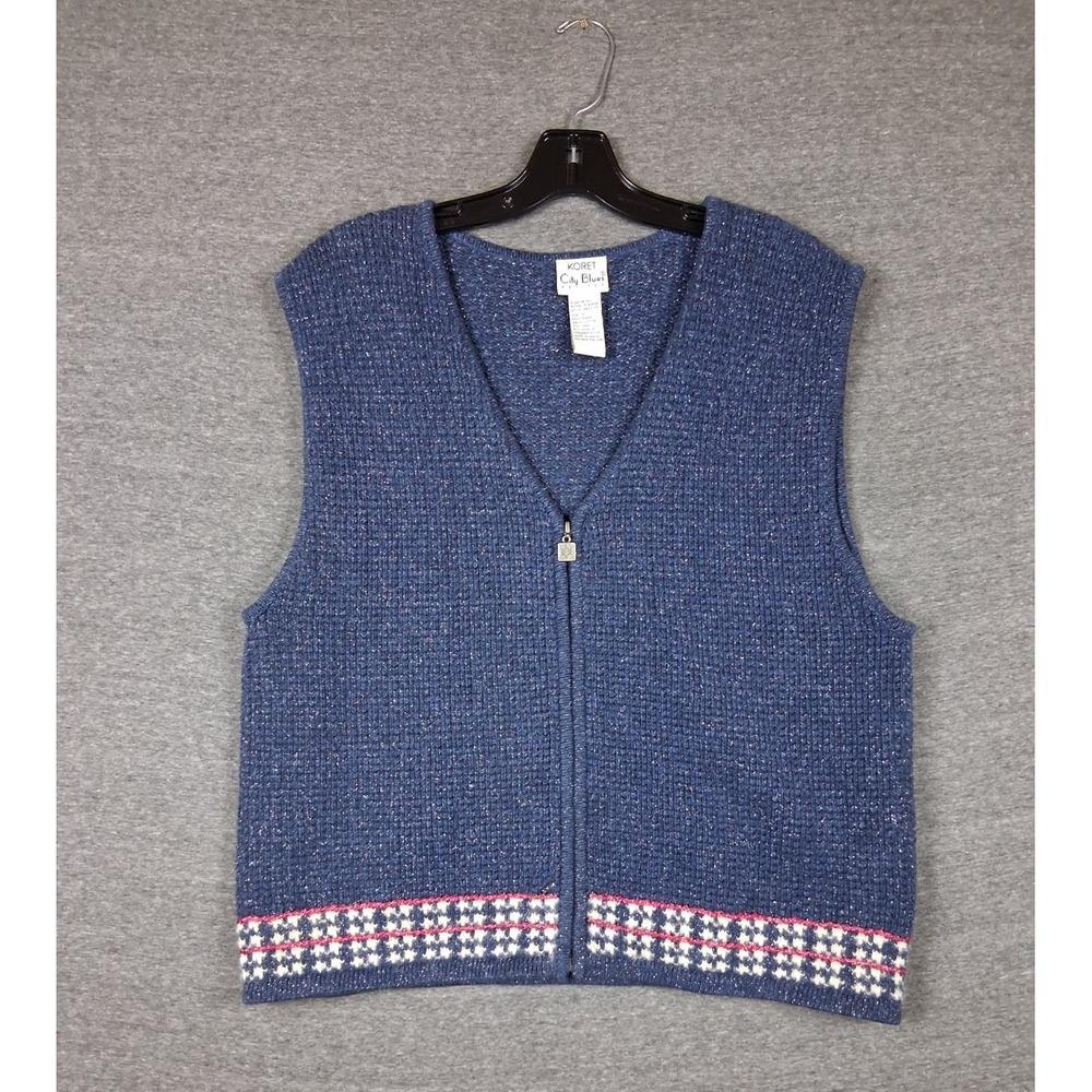 VTG Koret City Blues Womens Sweater L Blue Zip Vest Cardigan Fair Isle Cabin